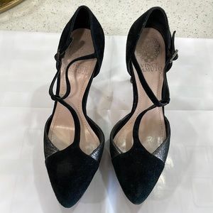 Vince Camuto black velvet and suede platform heels